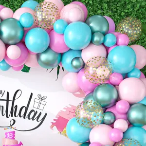 Flamingo themed balloon arch kit with pink, blue and gold confetti balloons for parties
