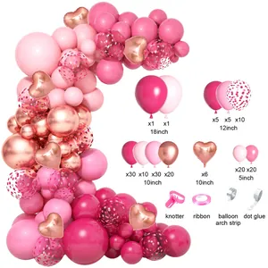 Kit arche de ballons rose et or rose avec cœurs et ballons à paillettes métalliques