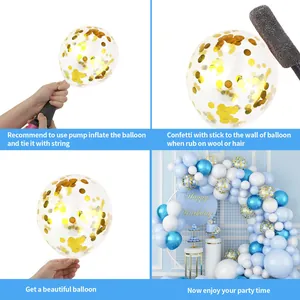 Guide showing how to inflate and use static to stick gold sequins inside transparent balloons