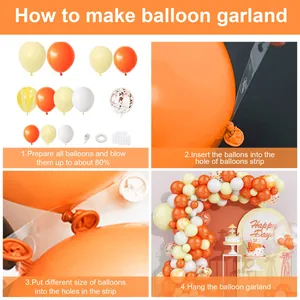 DIY guide showing how to make a balloon garland with orange and gold confetti kit