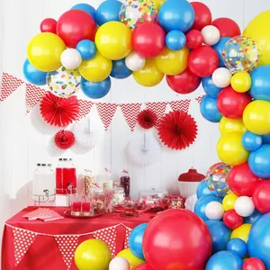 Colorful circus party balloon arch kit with primary colors and confetti latex balloons