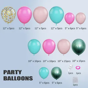 Detailed list of tropical flamingo party balloons in various sizes with assembly tools