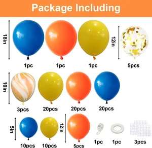 Balloon arch kit contents with macaron blue orange and gold confetti balloons