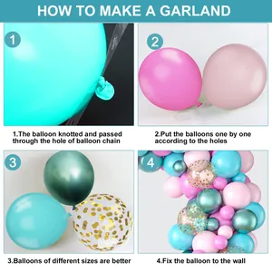 DIY balloon garland kit with flamingo colors, assembly chain, and varied textures
