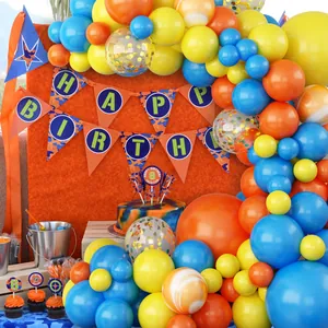 Macaron balloon arch kit with Happy Birthday banner and cake toppers for party decor