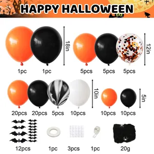 Halloween balloon arch kit with orange and black latex balloons, bat stickers, and cobwebs