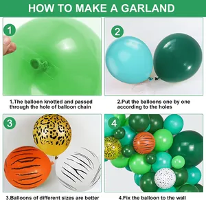 Guide d'assemblage d'une guirlande de ballons jungle avec motifs animaux et ruban
