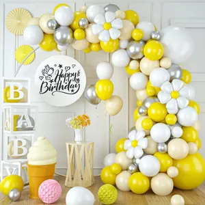Kit Guirlande Arche de Ballons Marguerite Jaune Blanc Ballons Macaron Décoration pour Anniversaire Mariage Fournitures de Fête