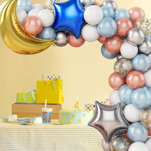 Kit arche de ballons lune et étoile or rose avec ballons en latex bleu et confettis