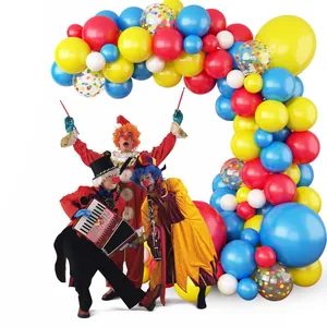 Colorful circus balloon arch kit featuring red, yellow, blue, and confetti latex balloons