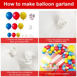 Step-by-step DIY balloon arch assembly guide with colorful latex balloons and tools