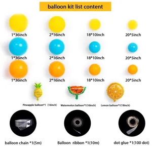 Detailed component kit of Hawaiian fruit balloons set with sizes and accessories