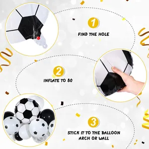 Three-step guide for inflating and setting up soccer themed party balloons