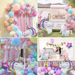 Macaron rainbow unicorn balloon garland kit with foil stars for girl's birthday party decor