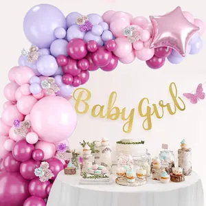 Kit arche ballon baby girl rose et violet avec étoile or rose et décor floral