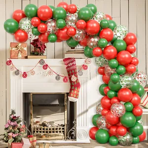 Christmas balloon arch kit with red green and confetti balloons for holiday fireplace decor