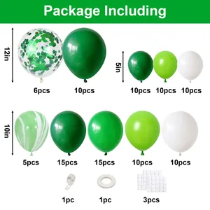 Detailed guide showing green and white balloon sizes with assembly tools for party decor