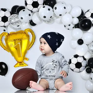 Soccer themed baby bodysuit set with champion trophy and balloon arch party decoration