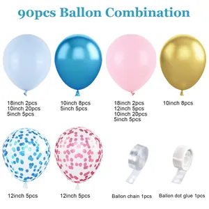 90pcs Macaron blue and pink balloon garland kit with metallic gold and confetti balloons