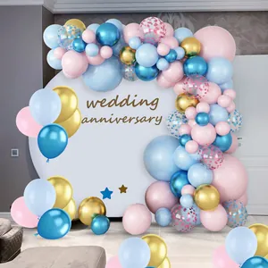Macaron blue and pink balloon arch kit with metallic gold and confetti balloons for weddings