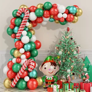 Christmas Balloon Arch Kit Red Green White Gold Latex Aluminum Film Balloons With Elf And Candy Cane For Holiday Decoration