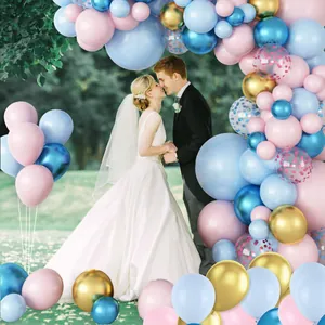 Blue and pink macaron balloon arch kit with gold metallic and confetti balloons for baby showers