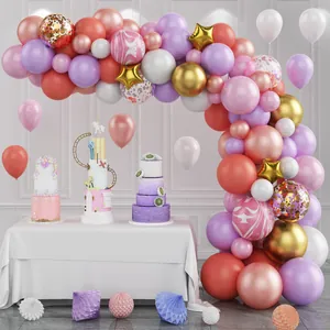 Guirlande d'Arche de Ballons Macaron Rose Violet Avec Ballons en Aluminium Étoile Dorée pour Décoration de Fête Mariage