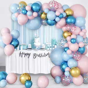 Macaron blue and pink balloon arch kit with metallic gold and confetti for baby showers
