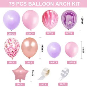 Flat lay of 75pcs purple and pink balloon arch kit with star foil balloons and accessories