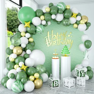 Sage Green Gold White Balloon Arch Kit With Star Balloons And Artificial Leaves For Forest Theme Wedding Birthday Party Decoration