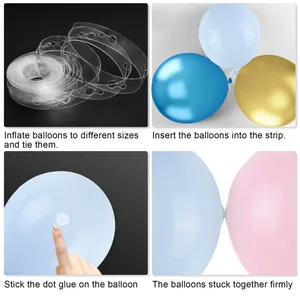 Step-by-step guide for balloon arch kit showing decorative strip and glue dot usage