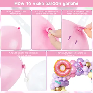 Detailed 5-step guide for DIY balloon arch garland with donuts and macaron colors