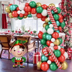 Christmas balloon arch kit with red green gold latex balloons and festive elf foil balloon