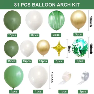 Detail of 81pcs olive green and gold balloon arch kit including stars and confetti