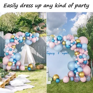 Detail view of macaron pink and blue balloon arch kit for baby shower decorations