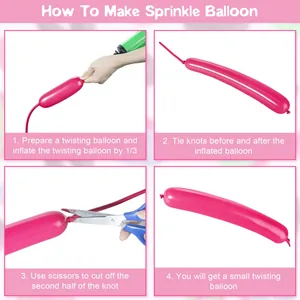 Step-by-step DIY guide for twisting pink donut party balloons using a pump and scissors