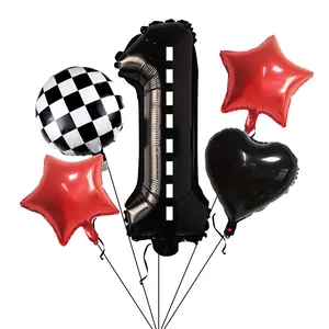 Racing themed party balloon set with black number 1, checkered flag and red stars