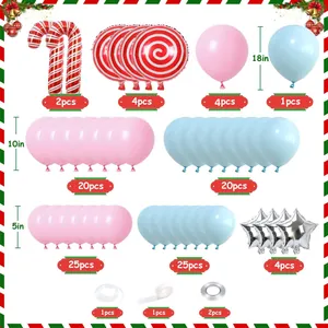 Detailed view of Christmas balloon arch kit with candy canes and pastel latex balloons