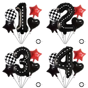 Racing theme foil balloon set with numbers 1 to 4 and checkered star heart shapes