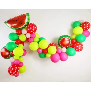 Kit arche de ballons pastèque avec pois rouges et ballons aluminium pour fête d'été