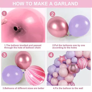 Detail showing assembly steps for pink and purple balloon garland kit with balloon tape