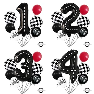 Rennwagen-Geburtstagsset mit Zahlenballons, Zielflaggen und roten Latex-Ballons