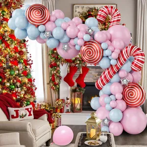 Christmas balloon arch kit with macaron pink blue tones and candy cane foil decorations