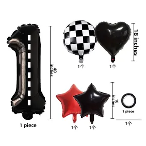 Racing themed party balloon set with black number 1 foil balloon and checkered patterns