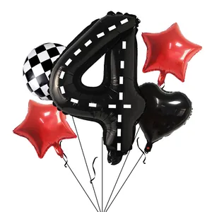 Racing themed number 4 balloon set with checkered flag and red stars for kids birthday