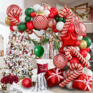 Christmas balloon arch kit with red, green, and gold latex balloons and candy cane foils