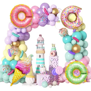 Donut and ice cream balloon arch kit in pastel macaron colors for girl birthday parties