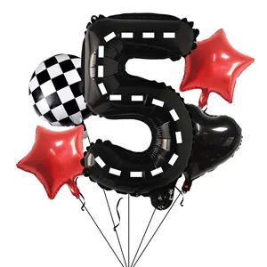 Racing themed 5th birthday balloon set with black road number 5 and checkered foil