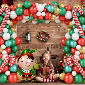 Christmas balloon arch kit with red green latex balloons and festive elf foil balloons