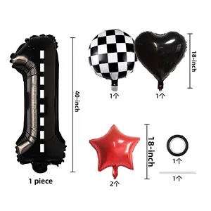 Racing themed party balloon set with black road number 1 and red star foil balloons